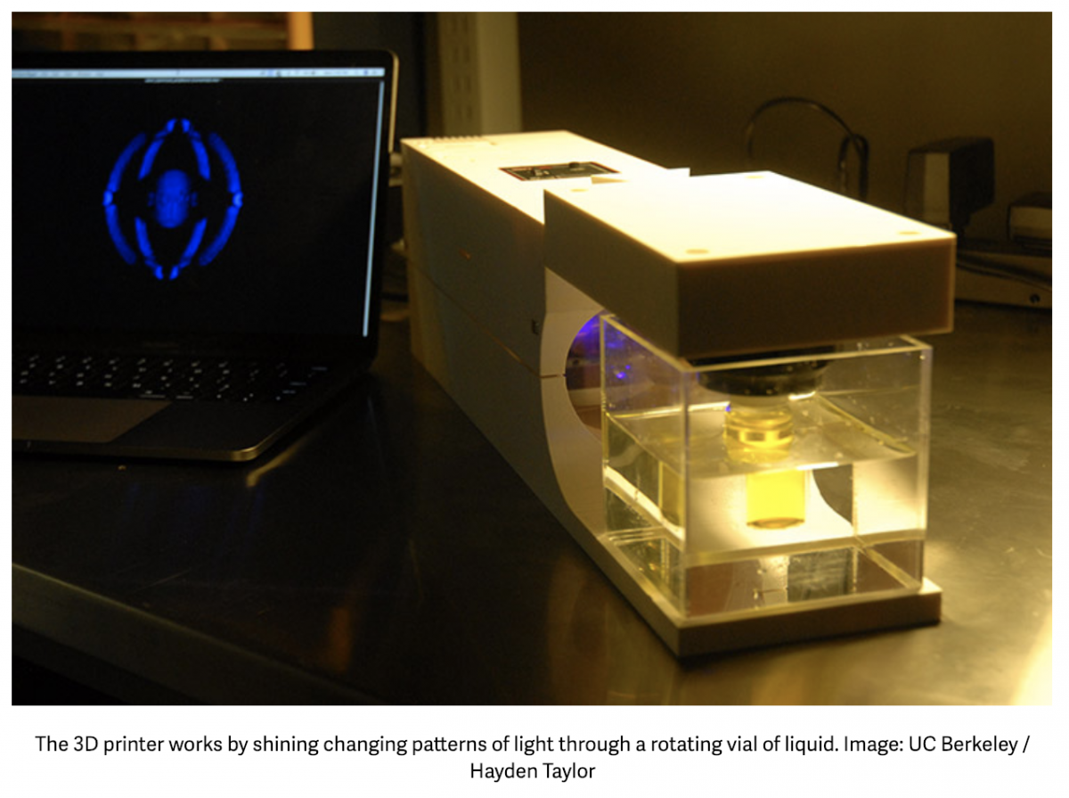 Light based 3D printer shapes custom objects from liquid resin