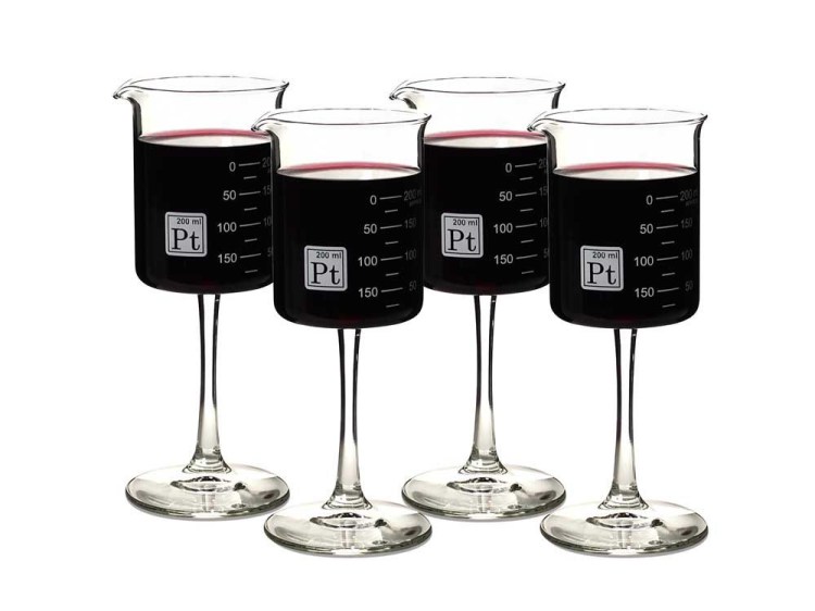 An elegantly designed set of stemmed laboratory beaker wine glasses